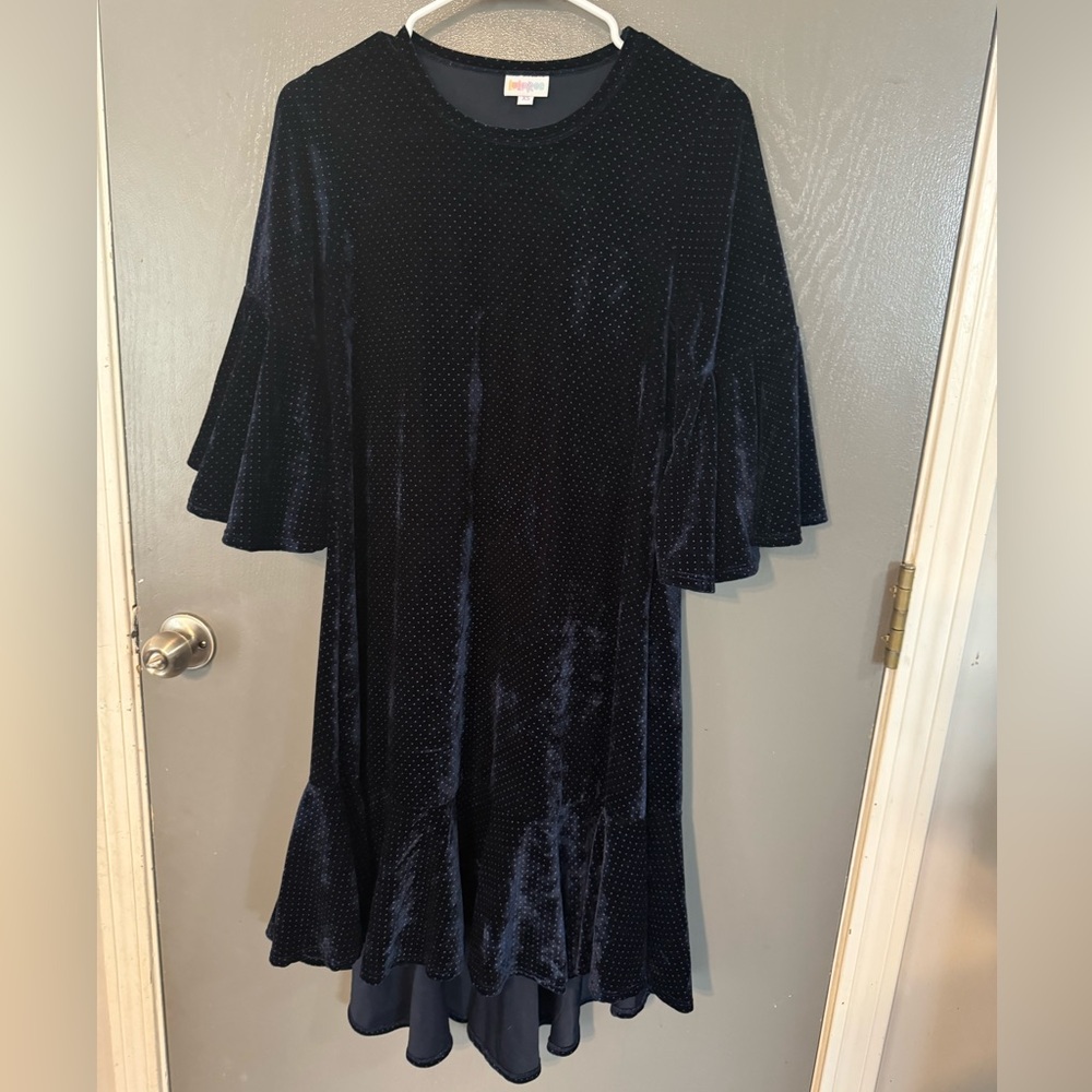 Navy Blue Dot Velvet Swing Lularoe High Low Dress Maureen Ruffle Bell Sleeves XS